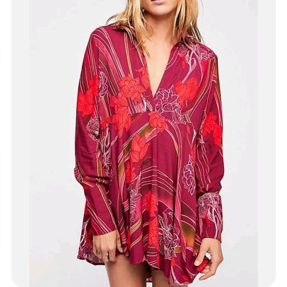 Free People Floral V Neck Feild Of Flowers Long Sleeve Tunic Mini Dress S - Picture 1 of 10